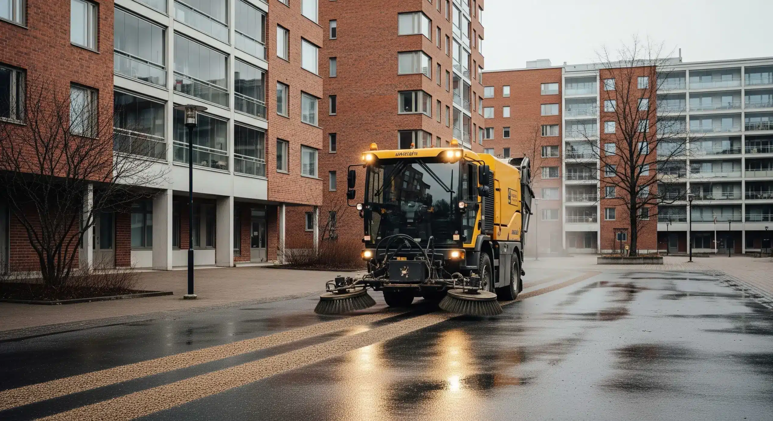 Katulakaisukone poistaa hiekoitushiekkaa taloyhtiön pihalta – kiinteistön keväthuolto